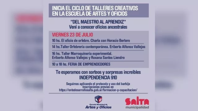 “Del Maestro al aprendiz”: se dictarán talleres creativos gratuitos