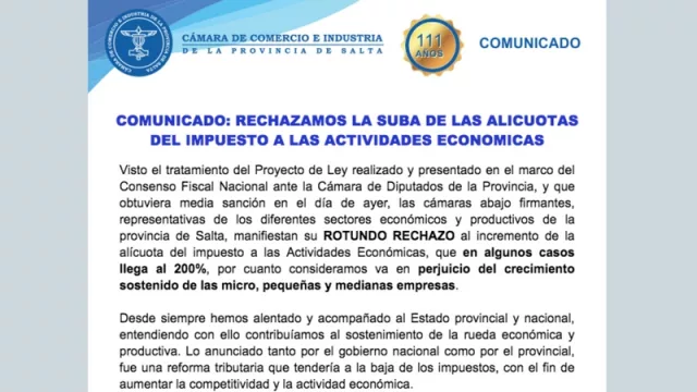 Rotundo rechazo de cámaras empresarias al incremento de la alícuota del Impuesto a las Actividades Económicas