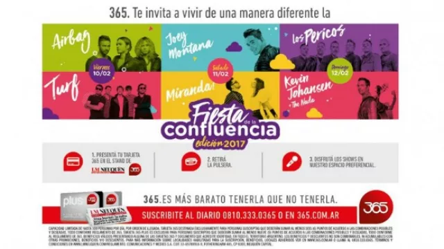 Tarjeta 365 con espacio en la Fiesta de la Confluencia y los beneficios de todos los días