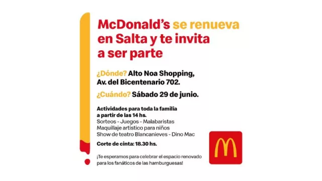 Este domingo McDonald´s inaugura a toda fiesta la ampliación de su local Alto NOA Shopping